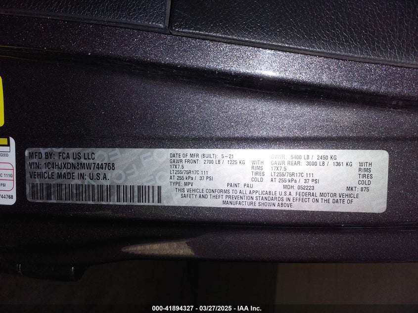 2021 JEEP WRANGLER UNLIMITED VIN: 1C4HJXDN8MW744768
