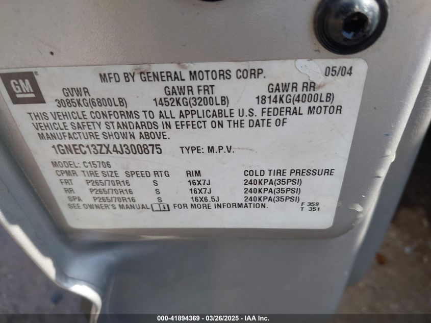 2004 Chevrolet Tahoe Lt VIN: 1GNEC13ZX4J300875 Lot: 41894369