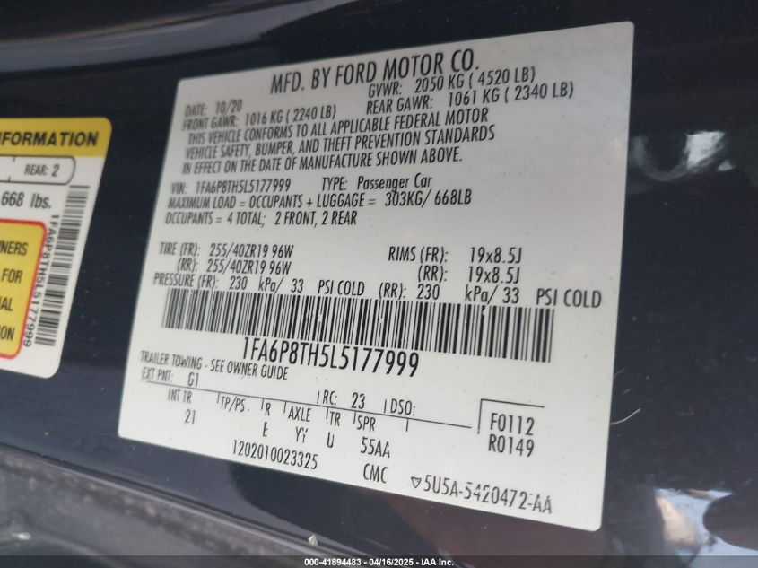 2020 Ford Mustang Ecoboost Fastback VIN: 1FA6P8TH5L5177999 Lot: 41894483