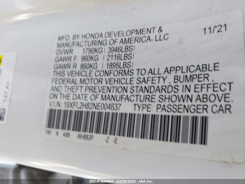 2022 HONDA CIVIC VIN: 19XFL2H82NE004637