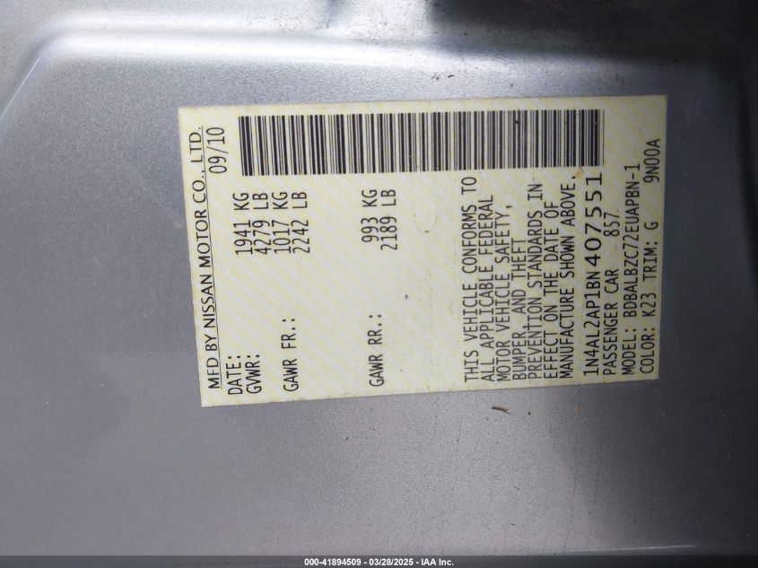 2011 Nissan Altima 2.5 S VIN: 1N4AL2AP1BN407551 Lot: 41894509
