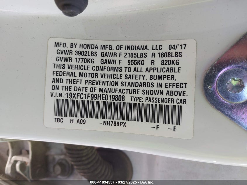 VIN 19XFC1F99HE019808 2017 HONDA CIVIC TOURING