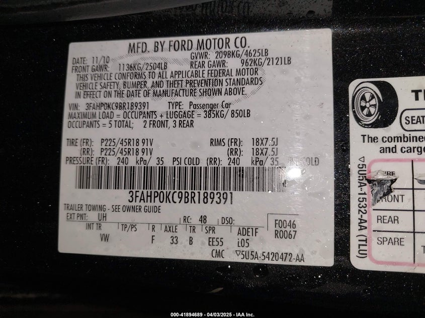 2011 FORD FUSION VIN: 3FAHP0KC9BR189391