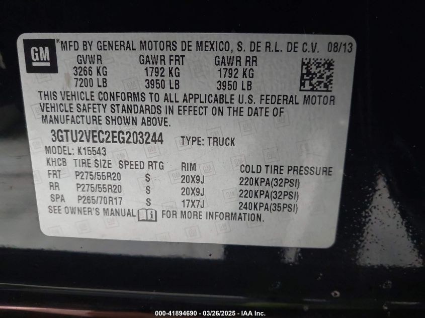 2014 GMC Sierra 1500 Slt VIN: 3GTU2VEC2EG203244 Lot: 41894690