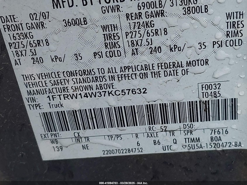2007 FORD F-150 VIN: 1FTRW14W37KC57632