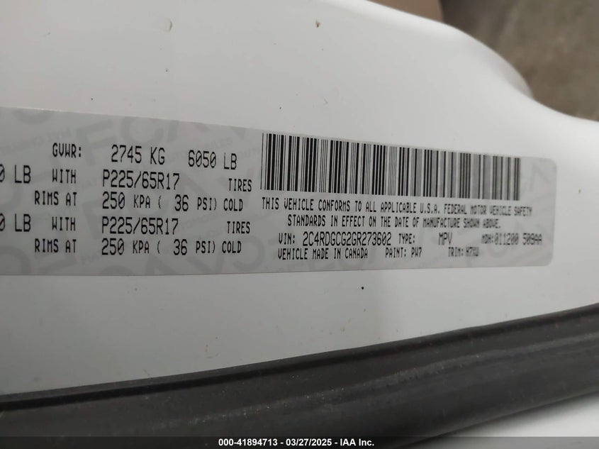 2016 DODGE GRAND CARAVAN VIN: 2C4RDGCG2GR273602