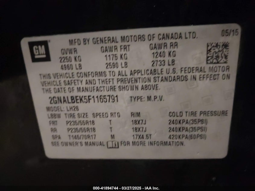 2015 CHEVROLET EQUINOX VIN: 2GNALBEK5F1165791