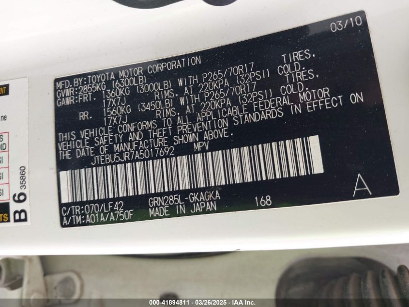 2010 Toyota 4Runner Sr5 V6 VIN: JTEBU5JR7A5017692 Lot: 41894811