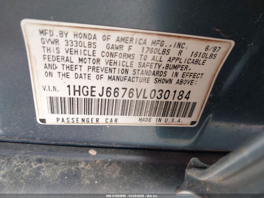 1997 Honda Civic Lx VIN: 1HGEJ6676VL030184 Lot: 41894890