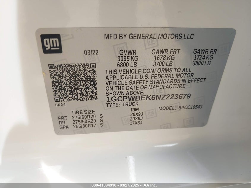 2022 CHEVROLET SILVERADO 1500 LTD VIN: 1GCPWBEK6NZ223679