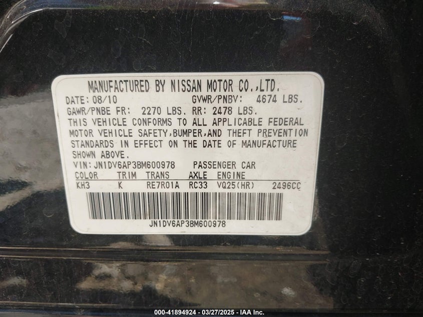 2011 Infiniti G25 Journey VIN: JN1DV6AP3BM600978 Lot: 41894924