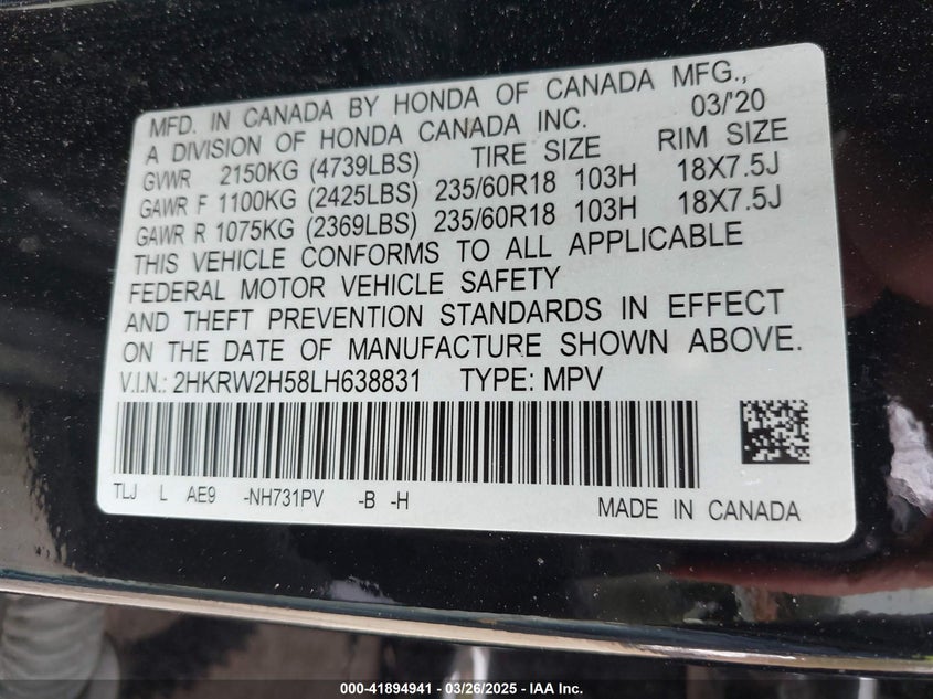 2020 HONDA CR-V VIN: 2HKRW2H58LH638831