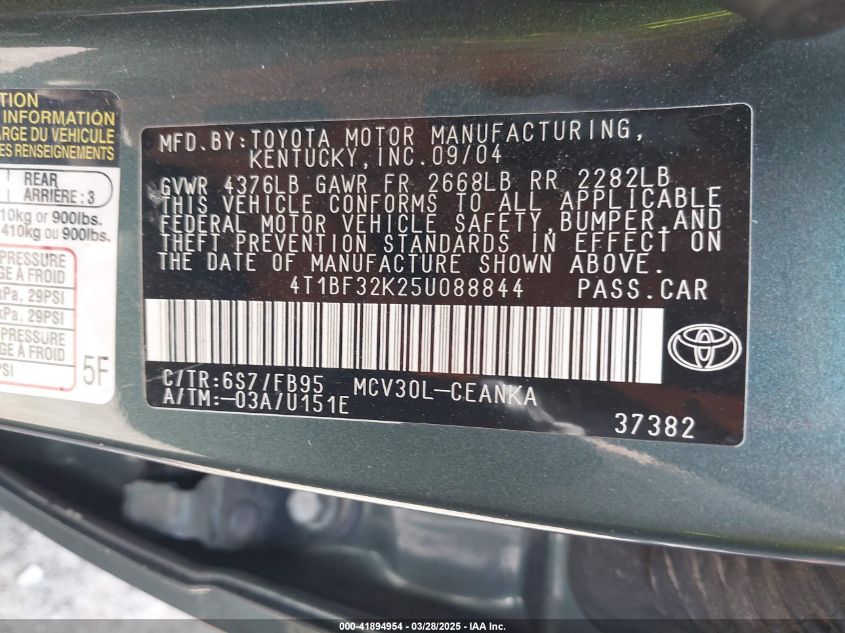 2005 Toyota Camry Le V6 VIN: 4T1BF32K25U088844 Lot: 41894954