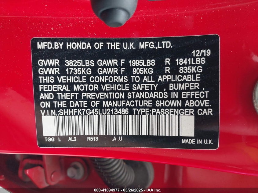 2020 HONDA CIVIC SPORT - SHHFK7G45LU213486