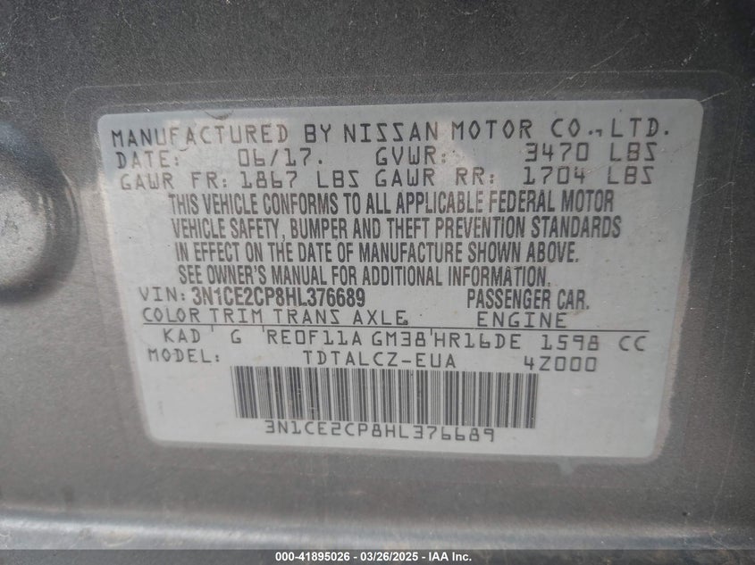 2017 NISSAN VERSA NOTE VIN: 3N1CE2CP8HL376689