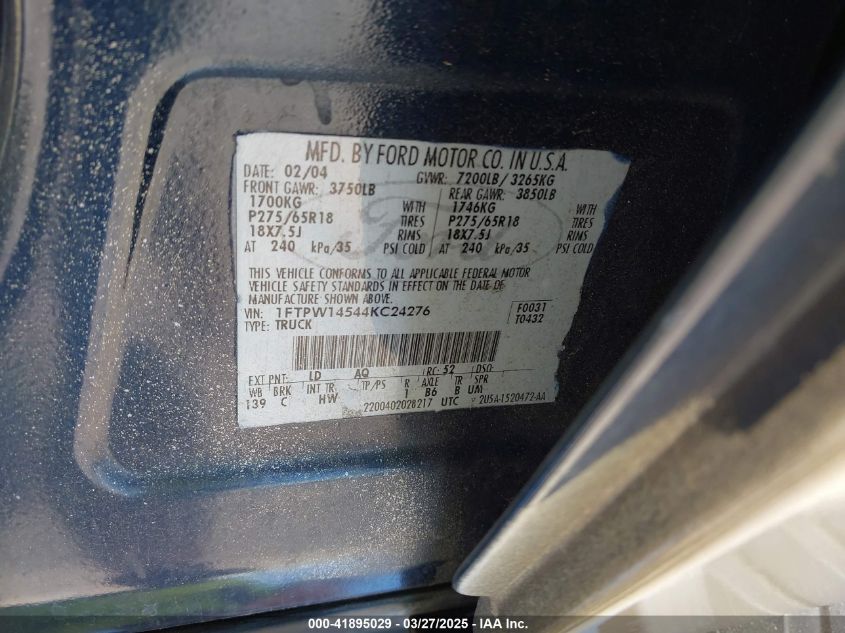2004 Ford F-150 Fx4/Lariat/Xlt VIN: 1FTPW14544KC24276 Lot: 41895029