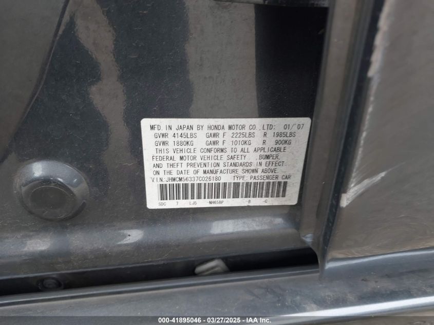 2007 Honda Accord 2.4 Se VIN: JHMCM56337C026180 Lot: 41895046