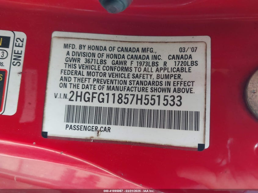 2007 HONDA CIVIC VIN: 2HGFG11857H551533