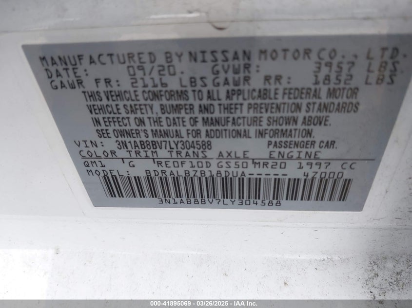 2020 NISSAN SENTRA VIN: 3N1AB8BV7LY304588