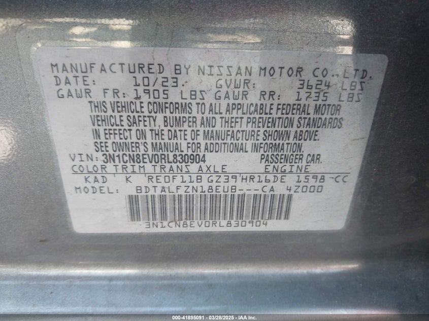 2024 Nissan Versa Sv VIN: 3N1CN8EV0RL83090 Lot: 41895091