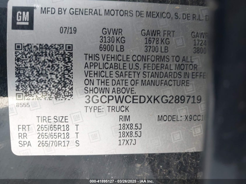 2019 CHEVROLET SILVERADO 1500 VIN: 3GCPWCEDXKG289719