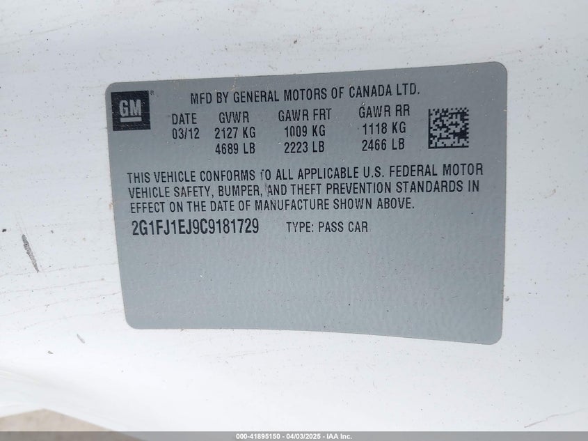 2012 CHEVROLET CAMARO VIN: 2G1FJ1EJ9C9181729
