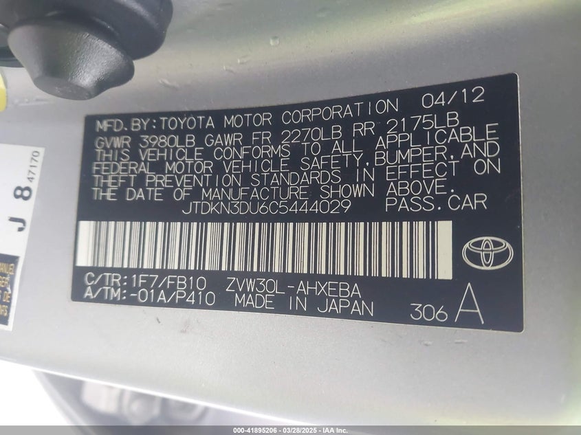 2012 TOYOTA PRIUS VIN: JTDKN3DU6C5444029