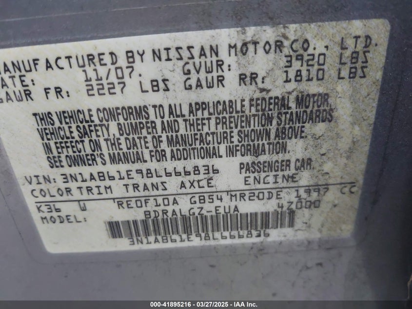 2008 NISSAN SENTRA VIN: 3N1AB61E98L666836