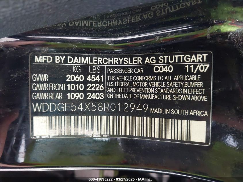 2008 Mercedes-Benz C 300 Luxury/Sport VIN: WDDGF54X58R012949 Lot: 41895222