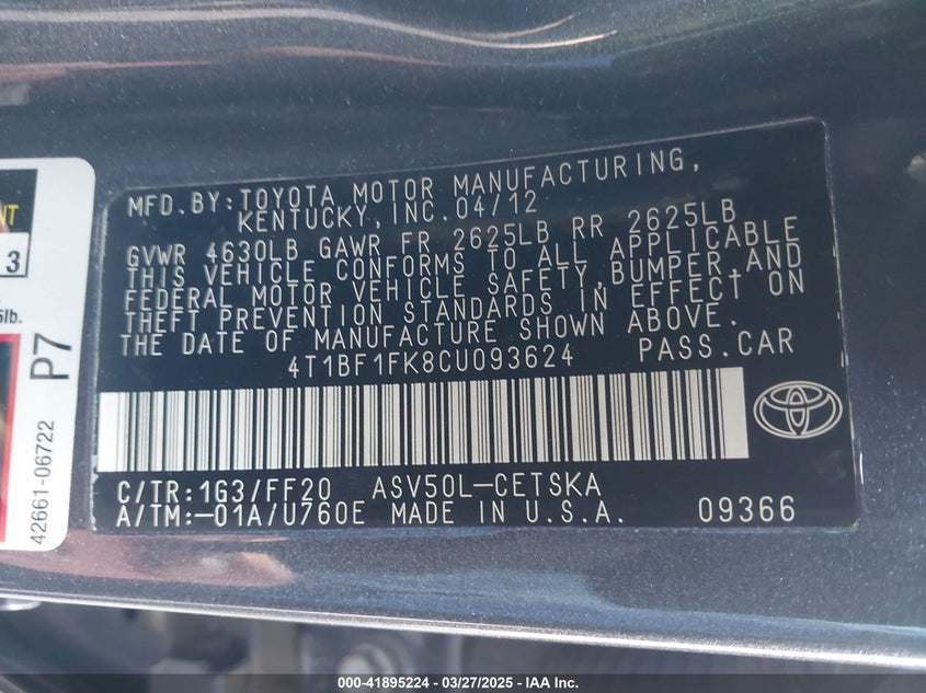 2012 TOYOTA CAMRY VIN: 4T1BF1FK8CU093624
