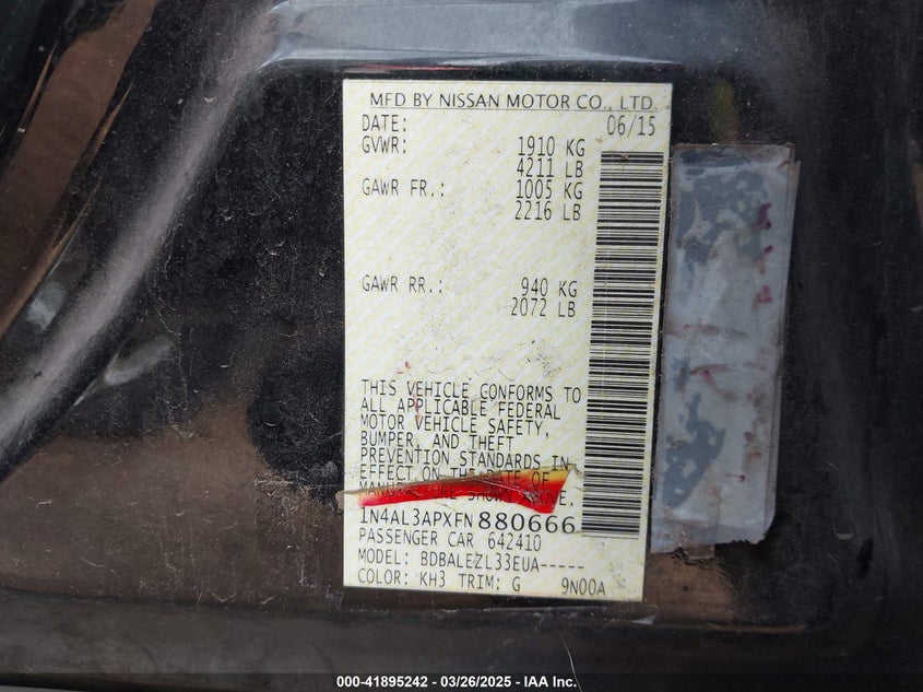 2015 NISSAN ALTIMA VIN: 1N4AL3APXFN880666