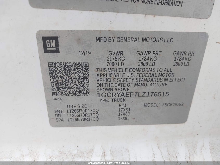2020 CHEVROLET SILVERADO 1500 VIN: 1GCRYAEF7LZ176515