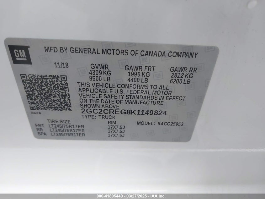 2019 CHEVROLET SILVERADO 2500HD VIN: 2GC2CREG8K1149824