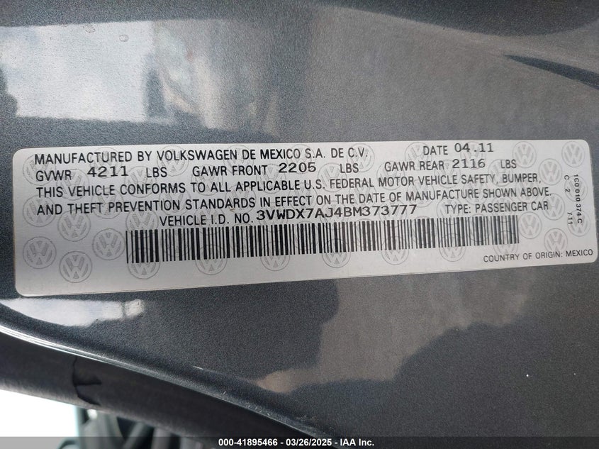2011 VOLKSWAGEN JETTA VIN: 3VWDX7AJ4BM373777