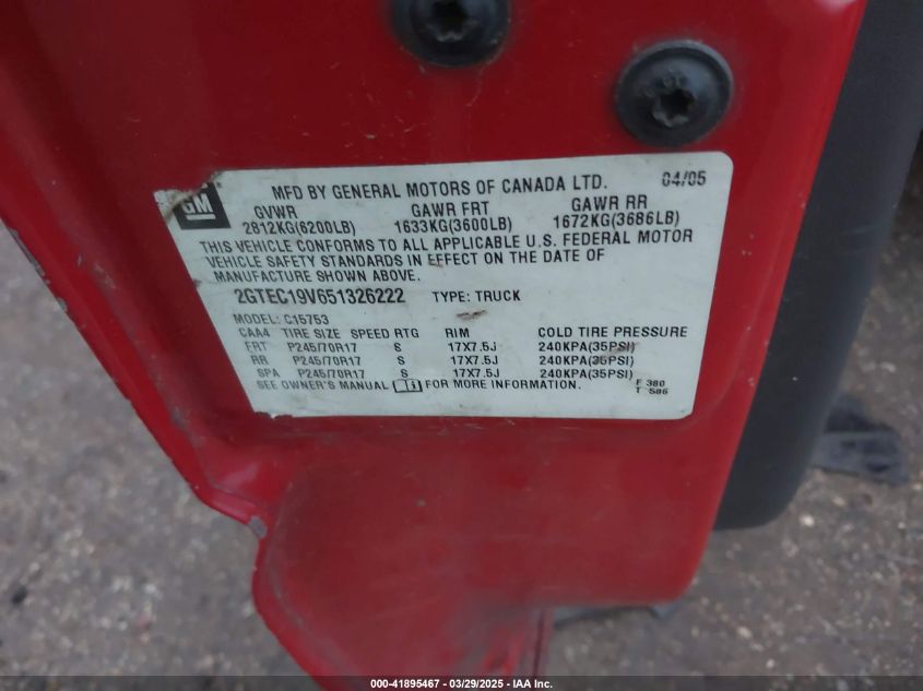 2005 GMC Sierra 1500 Work Truck VIN: 2GTEC19V651326222 Lot: 41895467