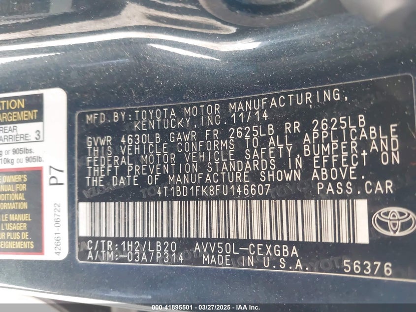 2015 TOYOTA CAMRY VIN: 4T1BD1FK8FU146607