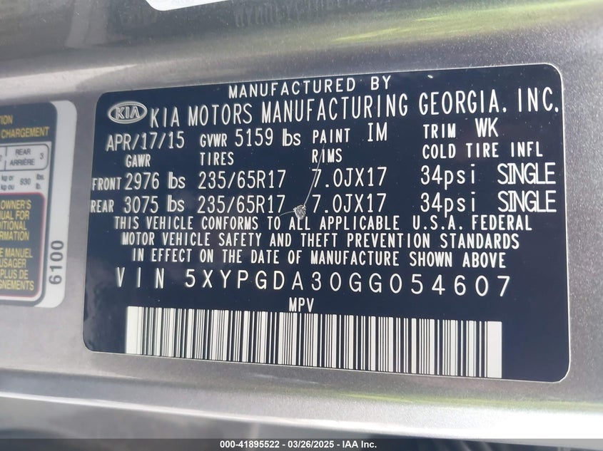 2016 Kia Sorento 2.4L Lx VIN: 5XYPGDA30GG054607 Lot: 41895522