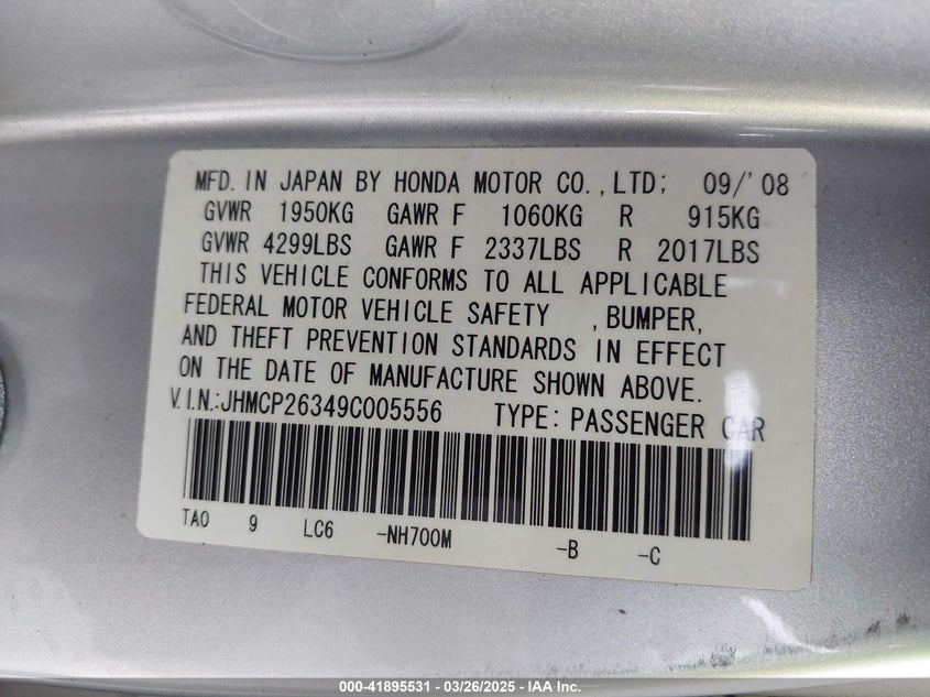 2009 HONDA ACCORD VIN: JHMCP26349C005556