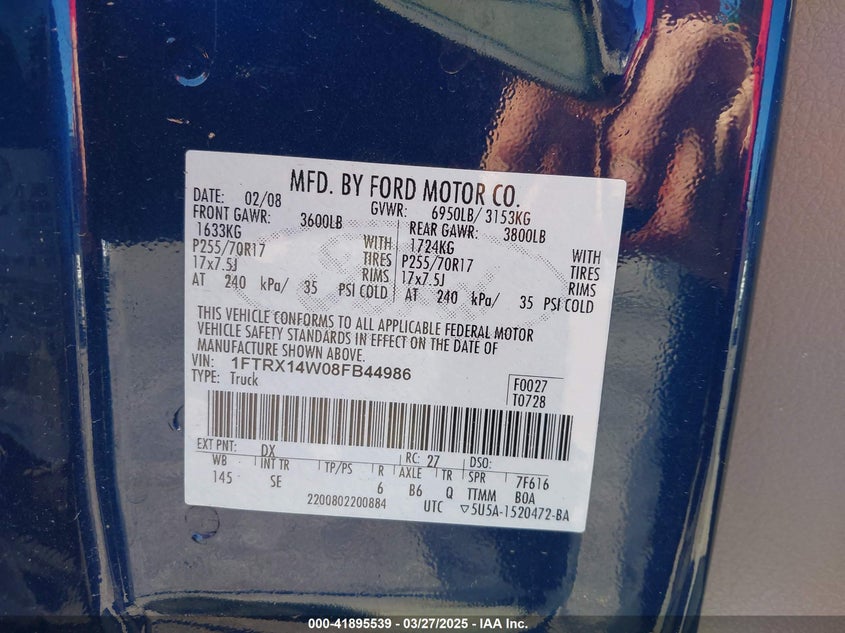 2008 FORD F150 VIN: 1FTRX14W08FB44986