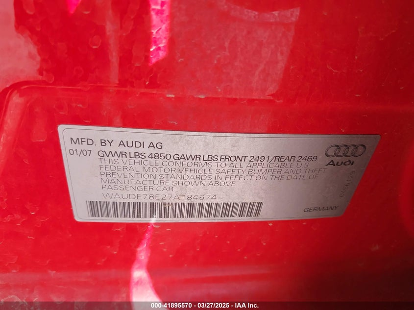 2007 AUDI A4 VIN: WAUDF78E27A184674