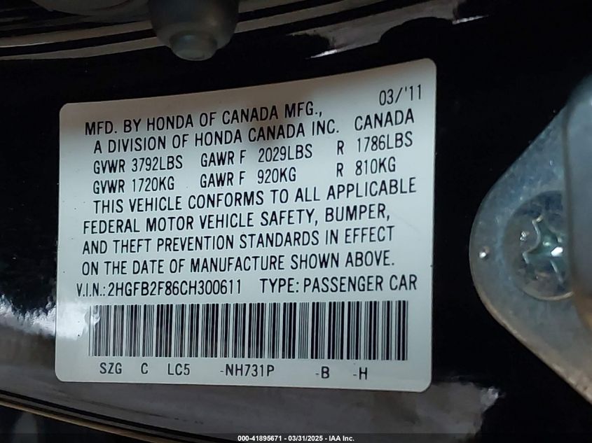 2012 Honda Civic VIN: 2HGFB2F863H300610 Lot: 41895671