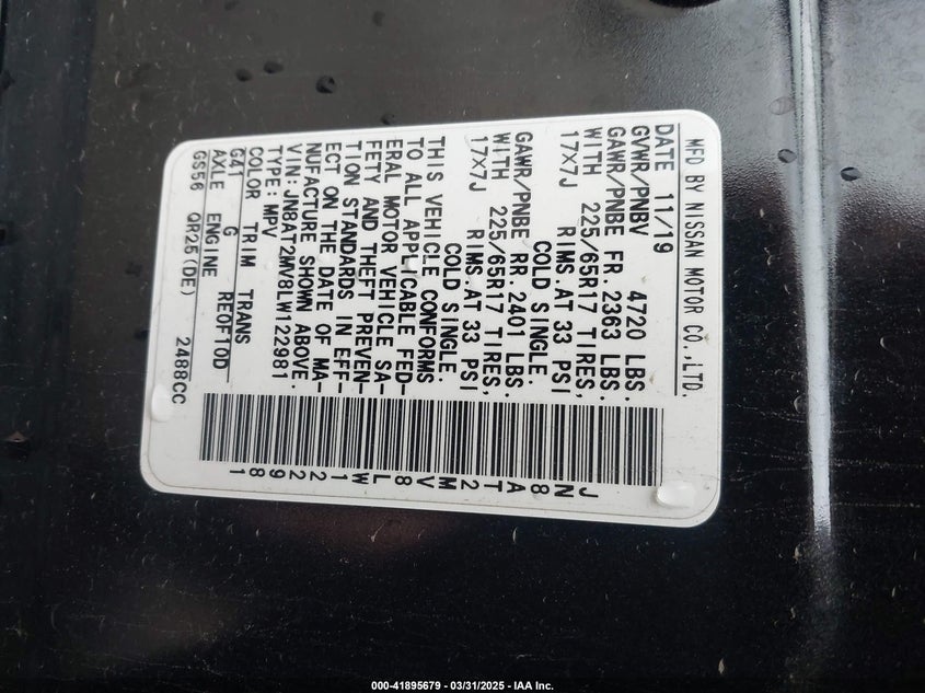 2020 NISSAN ROGUE VIN: JN8AT2MV8LW122981