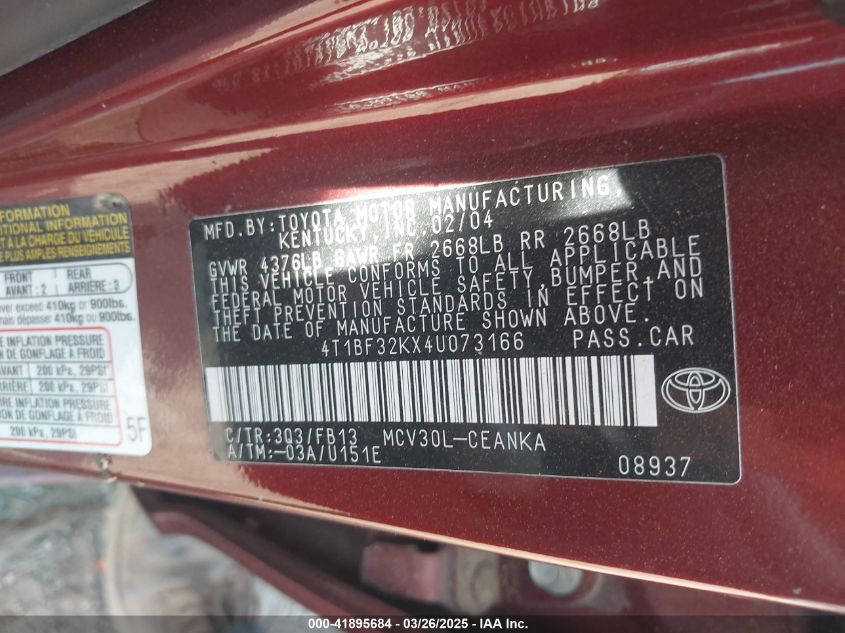 2004 Toyota Camry Le V6 VIN: 4T1BF32KX4U073166 Lot: 41895684