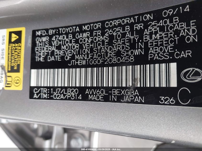 2015 Lexus Es 300H VIN: JTHBW1GG0F2080458 Lot: 41895688