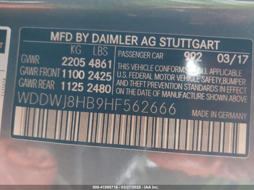 2017 Mercedes-Benz Amg C 63 S VIN: WDDWJ8HB9HF562666 Lot: 41895716