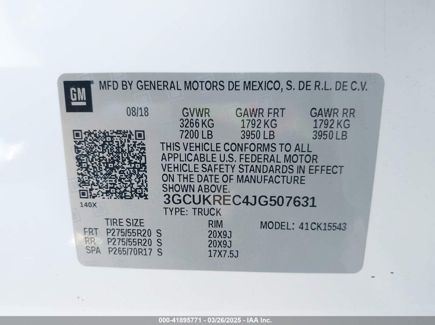 2018 CHEVROLET SILVERADO 1500 VIN: 3GCUKREC4JG507631