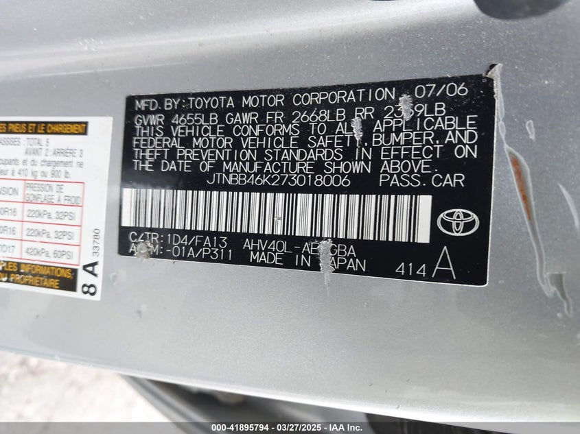 2007 TOYOTA CAMRY HYBRID VIN: JTNBB46K273018006