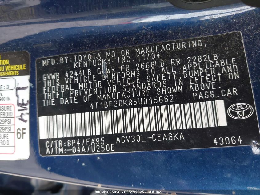 2005 Toyota Camry Xle VIN: 4T1BE30K85U015662 Lot: 41895820