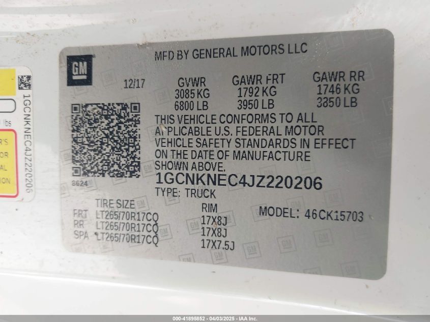 2018 Chevrolet Silverado 1500 Wt VIN: 1GCNKNEC4JZ220206 Lot: 41895852