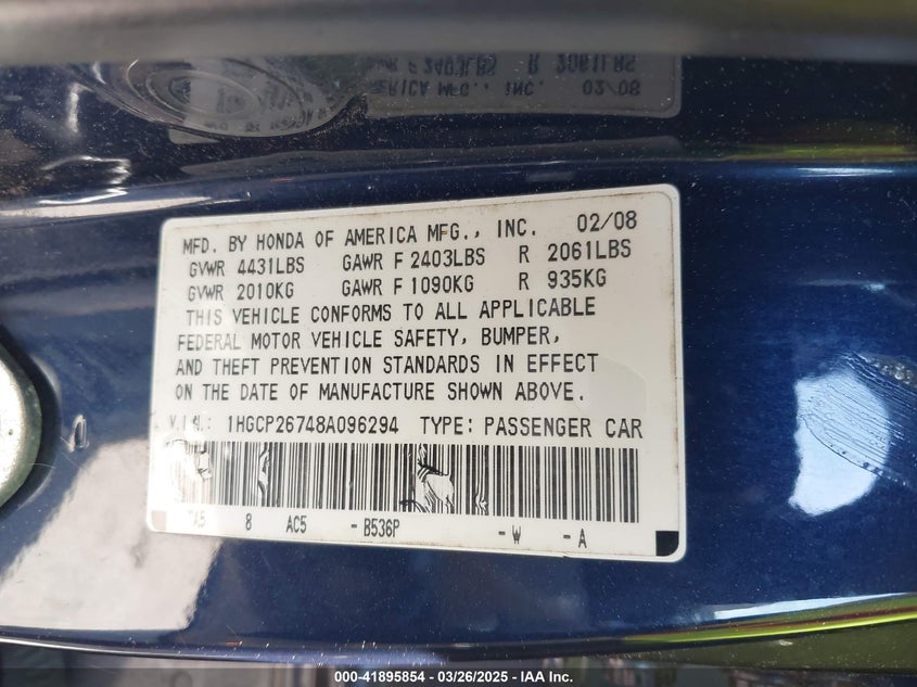 2008 HONDA ACCORD VIN: 1HGCP26748A096294